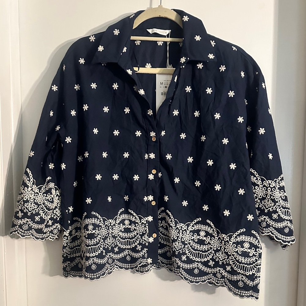 ZARA Navy Blue Embroidered Women's Top